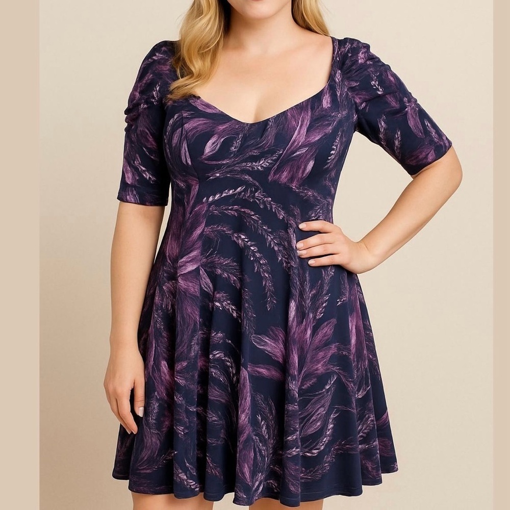 JUST Cavalli Fit & Flare Mini Dress Women's 40 (US S) Purple Feather Stretch